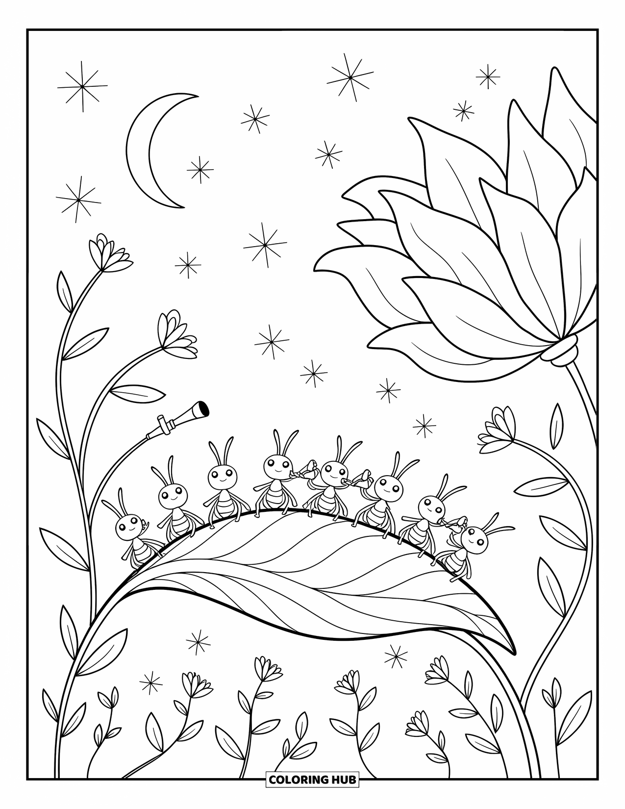 Ant Coloring Page for Adults: Ants watch stars and fireflies from their cozy leaf hill