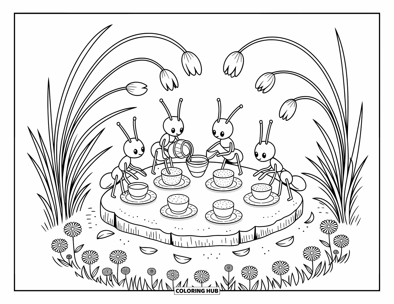Ant Coloring Page for Adults: Tiny ants sip tea together beneath tall, gentle grasses