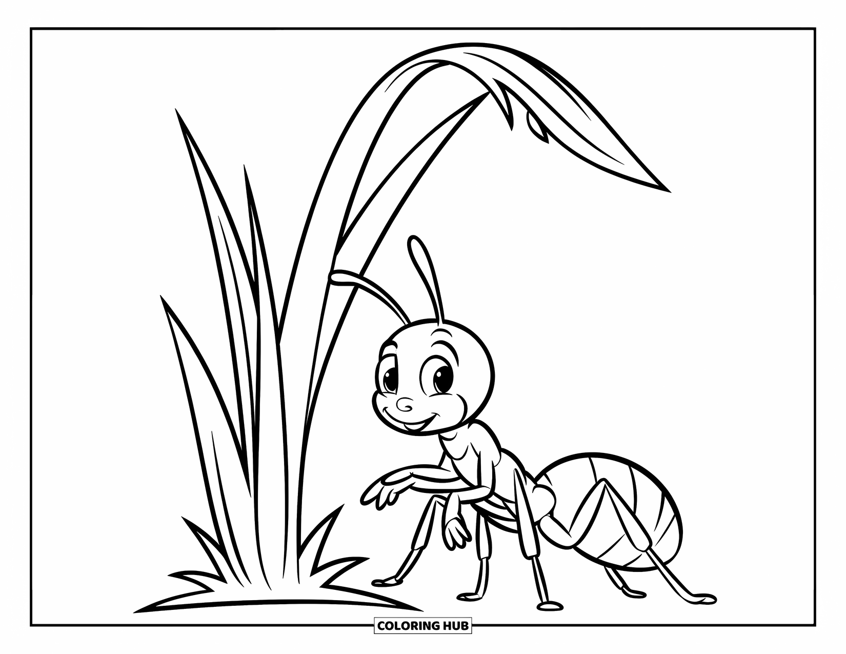 Ant Coloring Page for Kids: A cheerful ant with a tiny hat stands by swaying grass