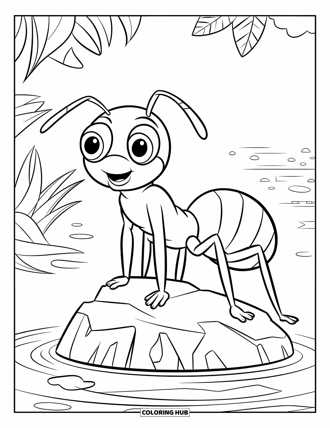 Ant Coloring Page for Kids: A joyful ant stands tall on a rock with a castle far behind