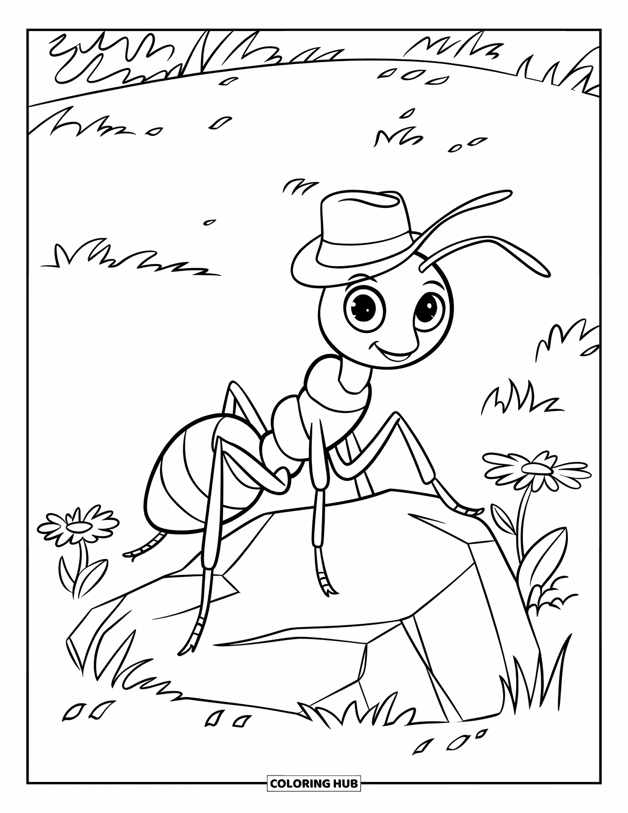 Ant Coloring Page for Kids: A large ant stands on a rock with flowers nearby