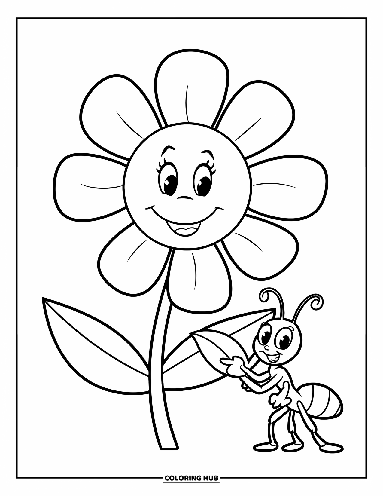 Ant Coloring Page for Kids: A smiling flower stands beside a tiny ant holding a leaf