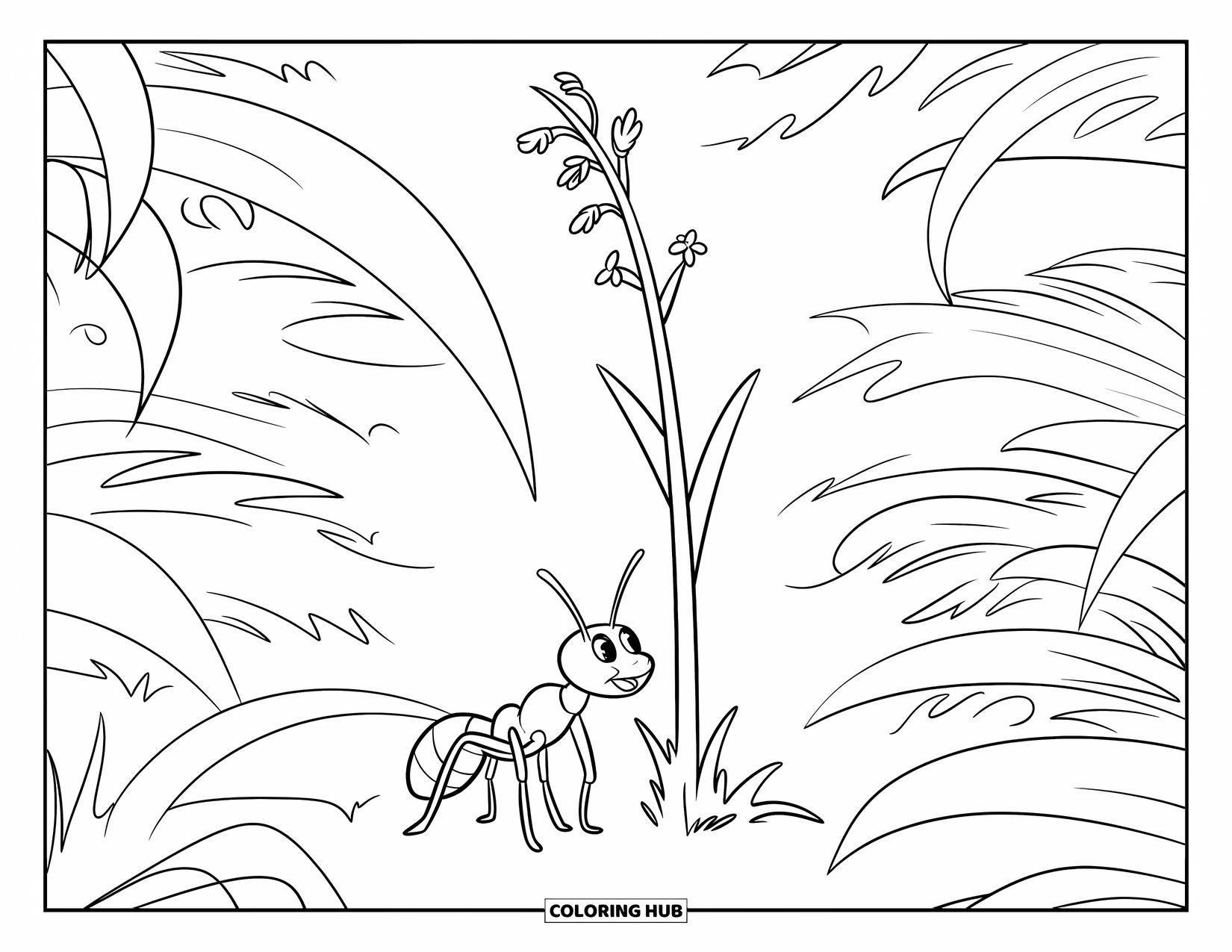 Ant Coloring Page for Kids: A tall blade of grass towers above a curious ant