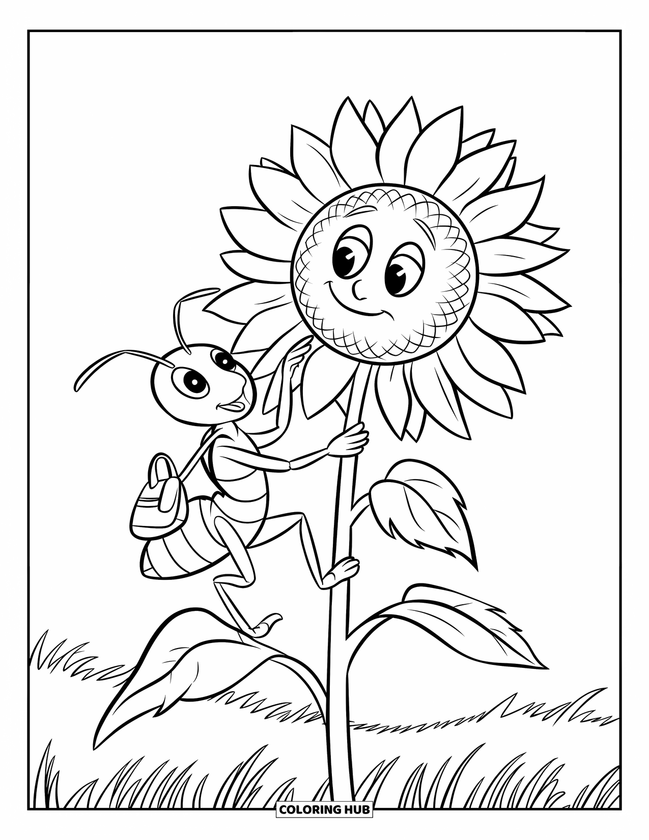 Ant Coloring Page for Kids: An ant climbs up a tall sunflower with a backpack