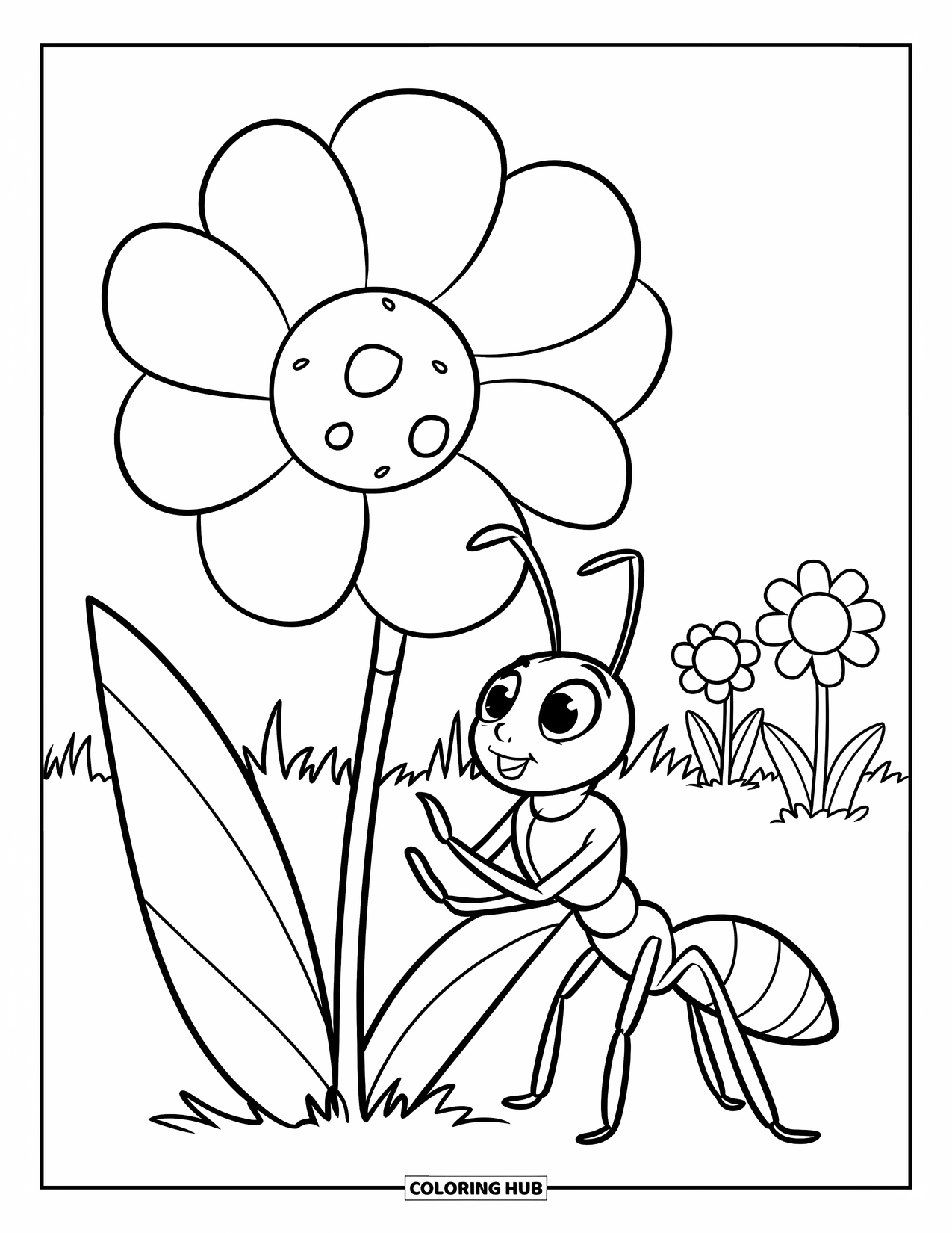 Ant Coloring Page for Kids: An ant gazes up at a giant blooming flower