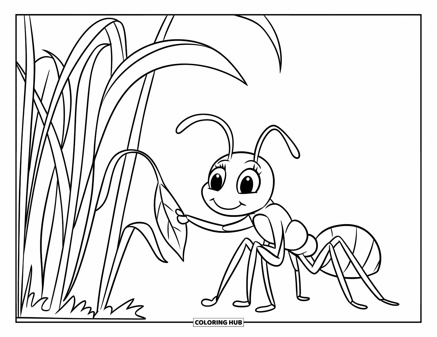 Ant Coloring Page for Kids: An ant rests near tall grass dotted with small flowers