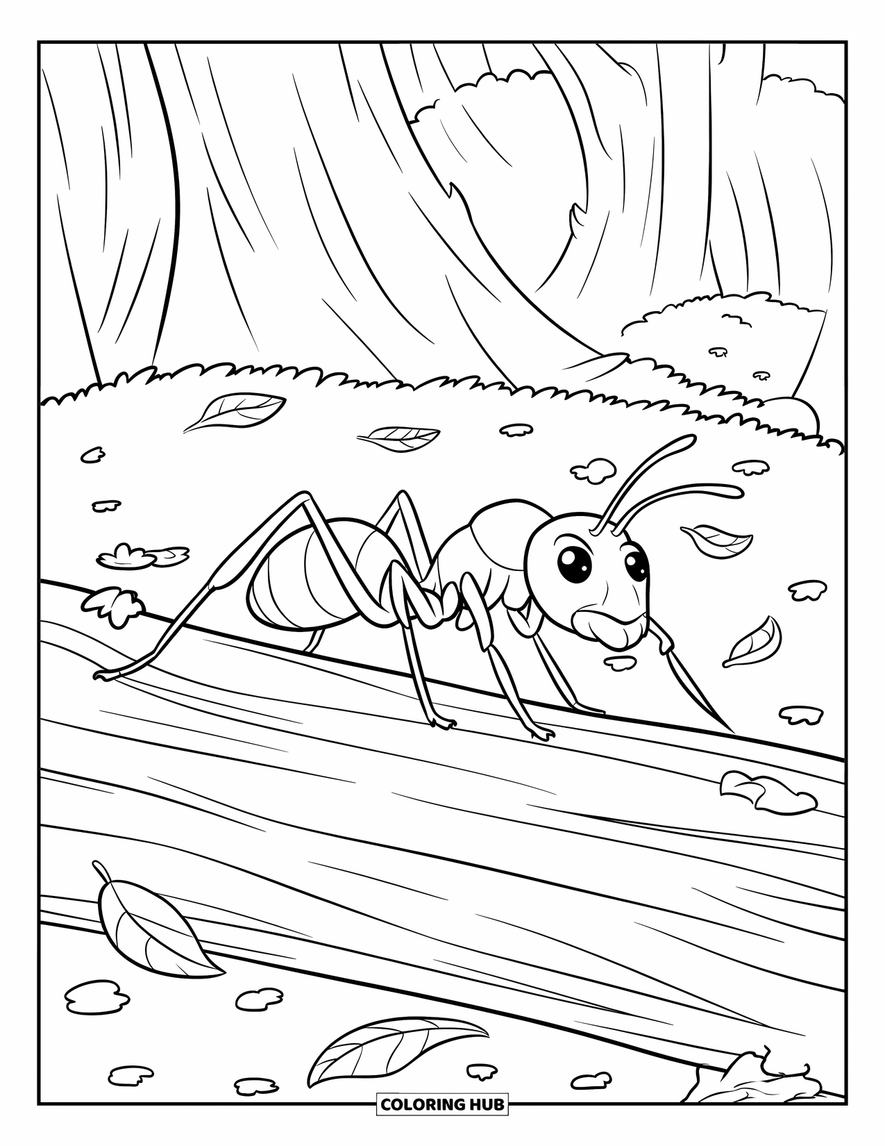 Ant Coloring Page for Kids: An ant walks on a log through a lush forest floor