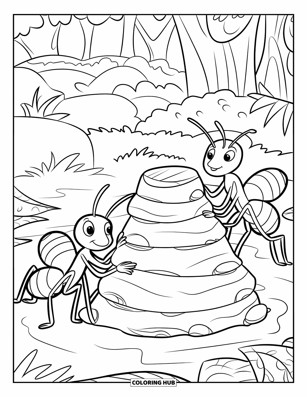Ant Coloring Page for Kids: Ants build a tall anthill using leaves and stones