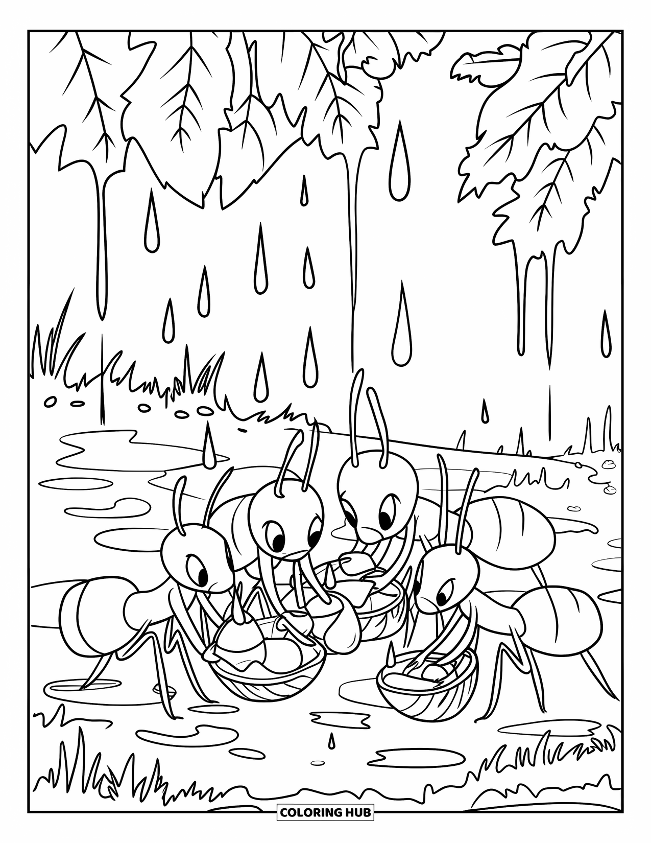 Ant Coloring Page for Kids: Ants gather raindrops using leaves in a peaceful forest
