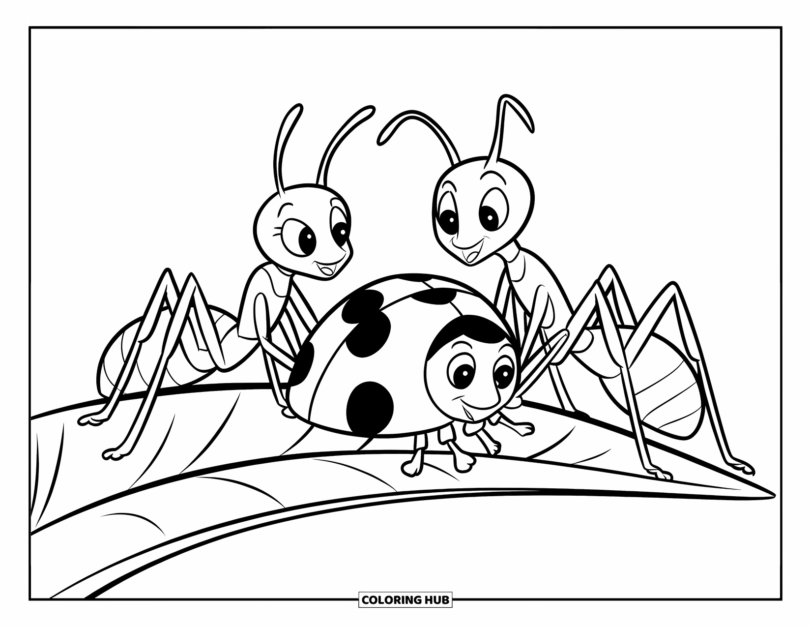 Ant Coloring Page for Kids: Ants greet a ladybug sitting on a big leaf