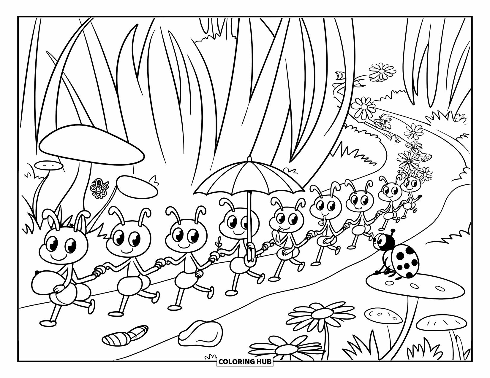 Ant Coloring Page for Kids: Ants parade through a garden carrying cute nature treasures