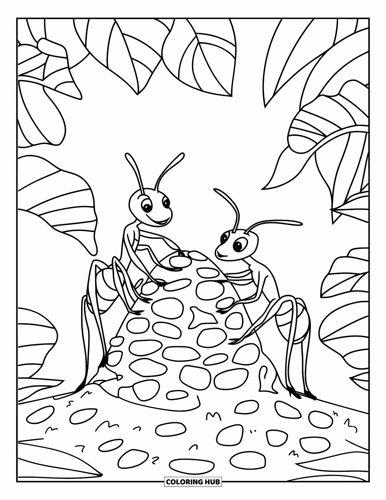 Ant Coloring Page for Kids: Ants shape their anthill from soil, stones, and green leaves