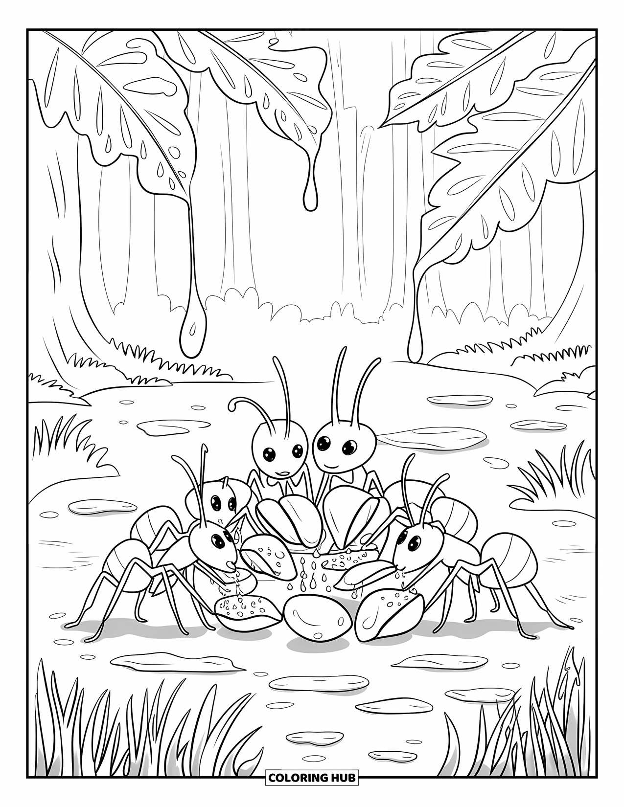 Ant Coloring Page for Kids: Ants work together to catch raindrops under leafy trees
