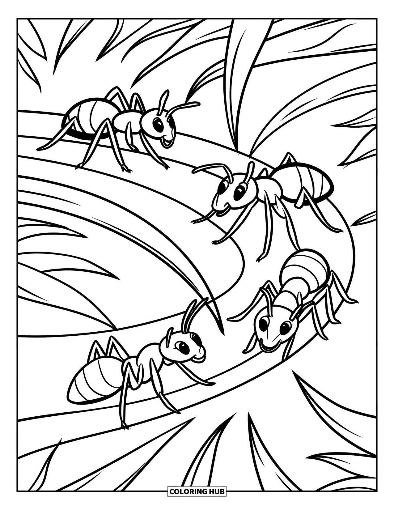 Ant Coloring Page for Kids: Four ants travel through wavy grass along a gentle path