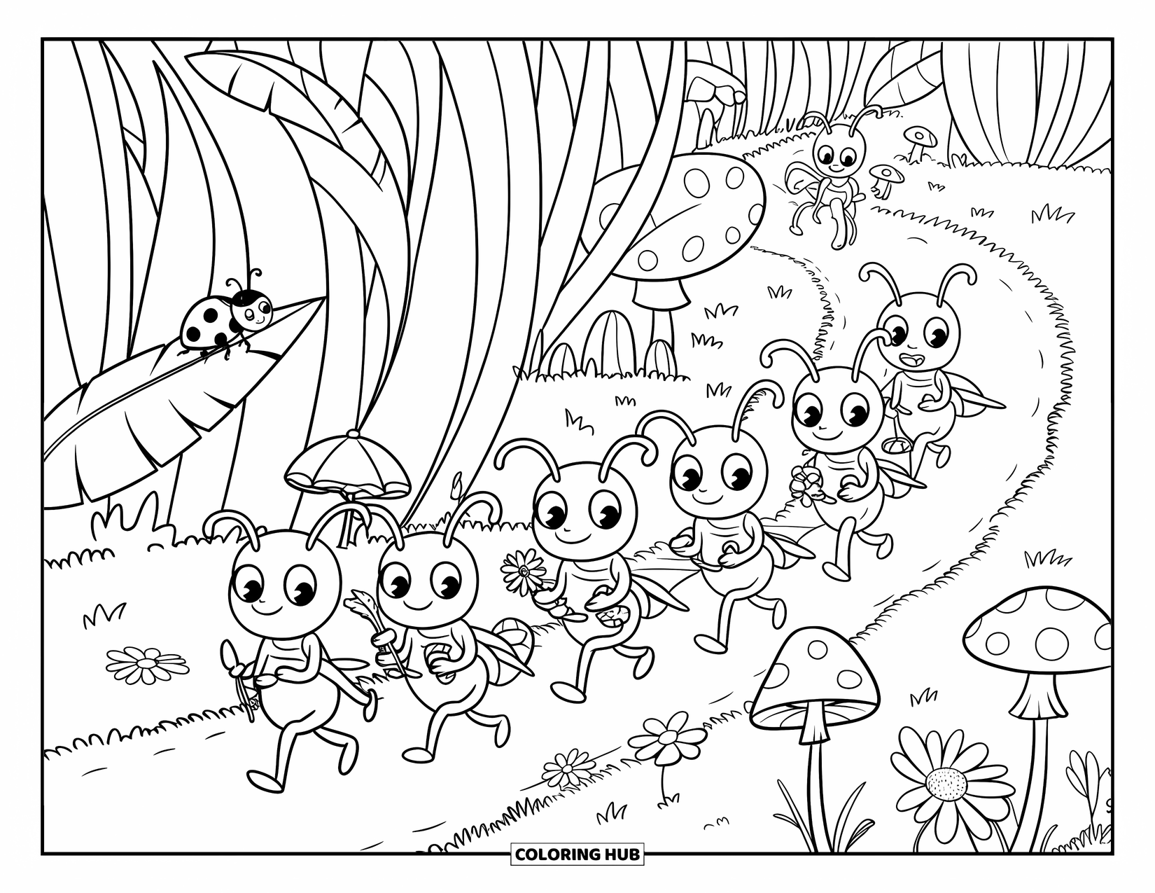 Ant Coloring Page for Kids: Marching ants carry leaves and flowers past tall grass and mushrooms