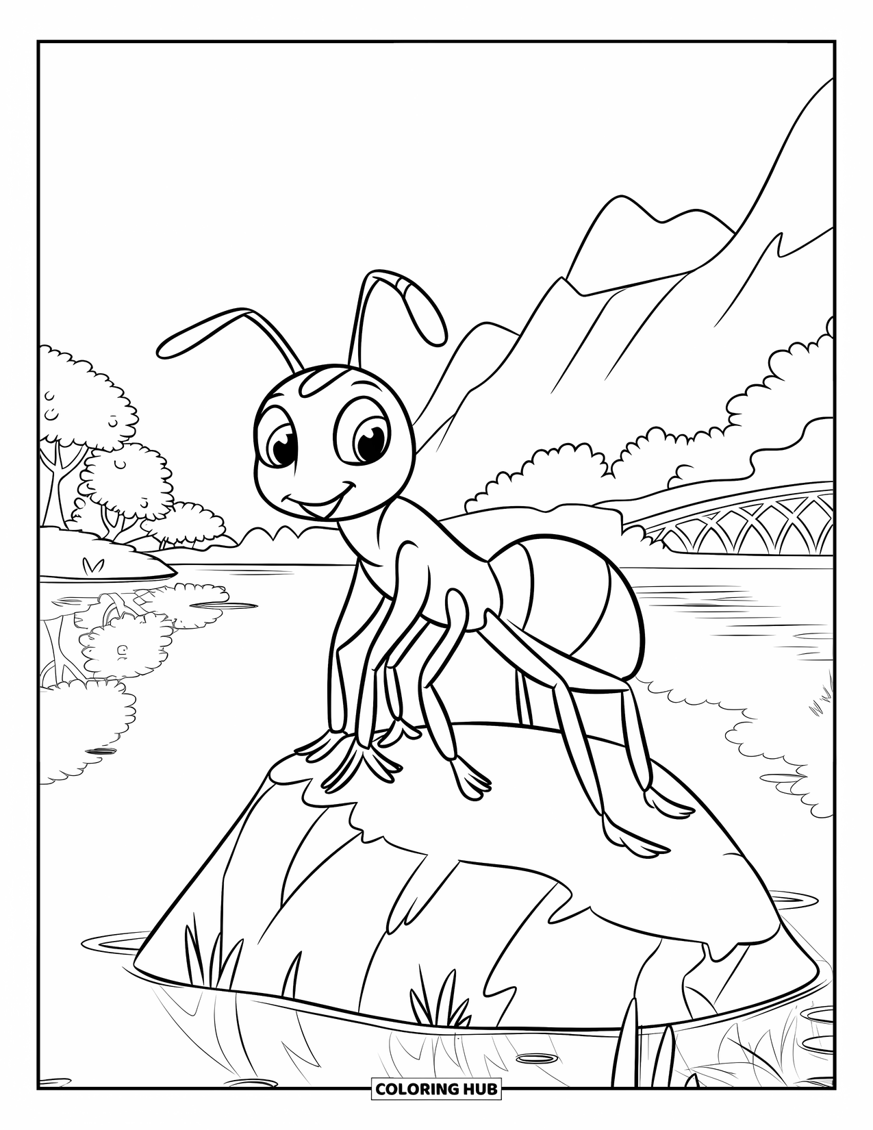 Ant Coloring Page for Kids: One ant on a rock smiles at the peaceful forest around