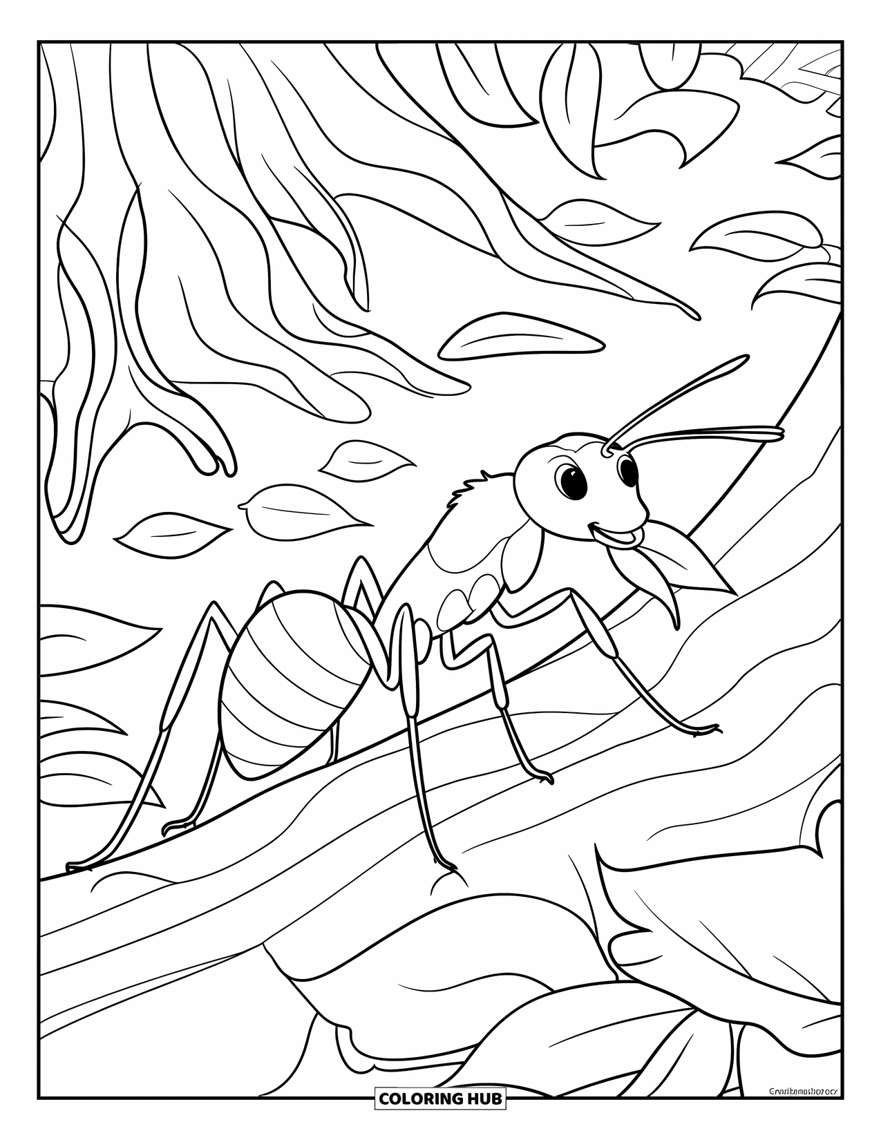 Ant Coloring Page for Kids: One ant walks across mossy logs and leafy paths