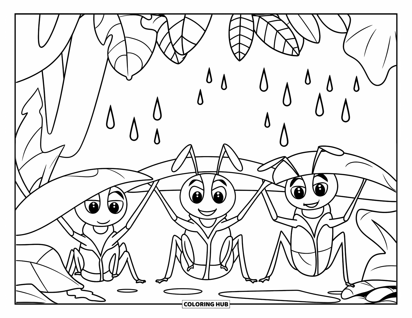Ant Coloring Page for Kids: Rain falls as ants take shelter under large leaves