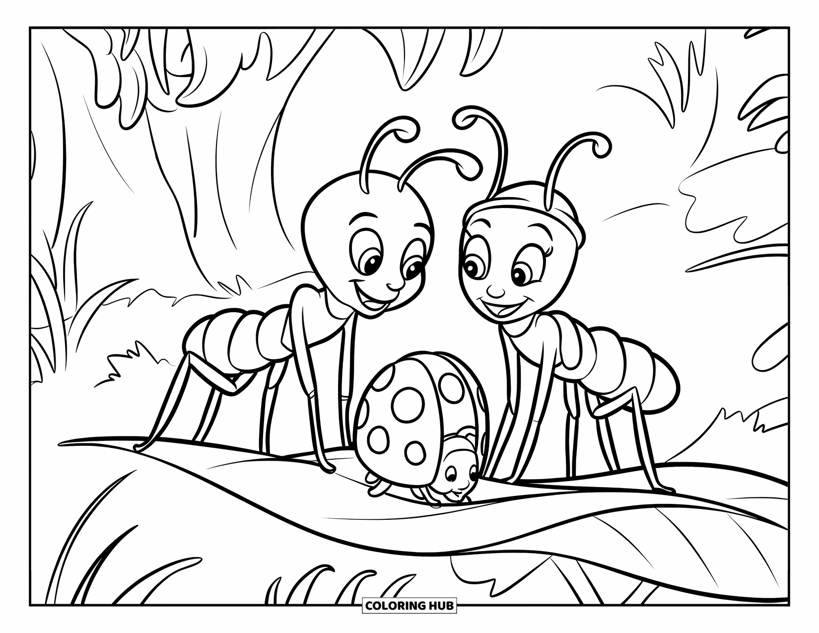 Ant Coloring Page for Kids: Smiling ants chat with a ladybug on a leafy perch