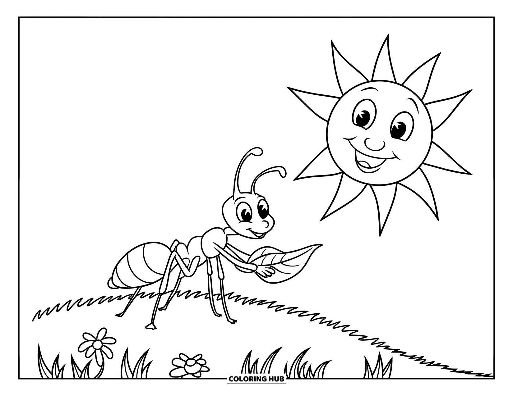 Ant Coloring Page for Kids: The sun smiles down as an ant strolls along a hill