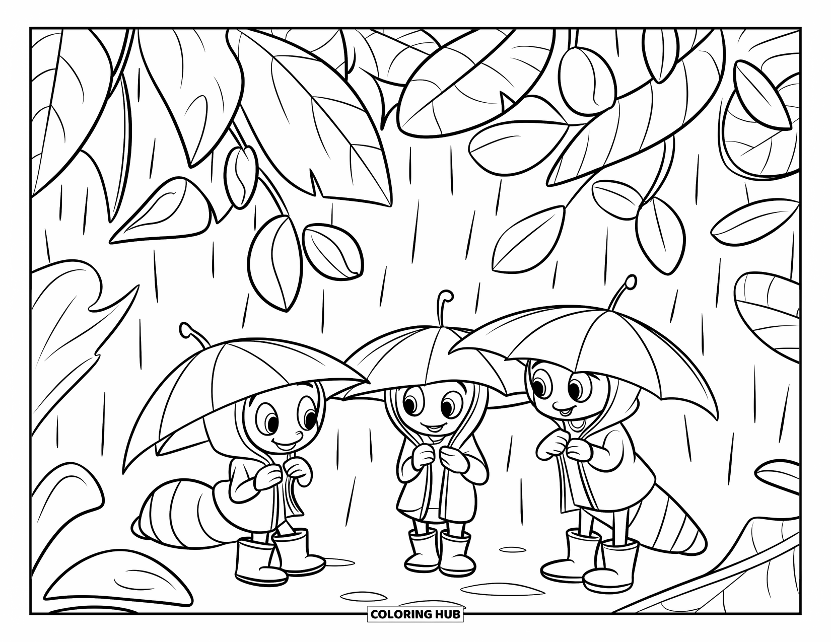 Ant Coloring Page for Kids: Tiny ants in raincoats hide from a storm under leafy cover