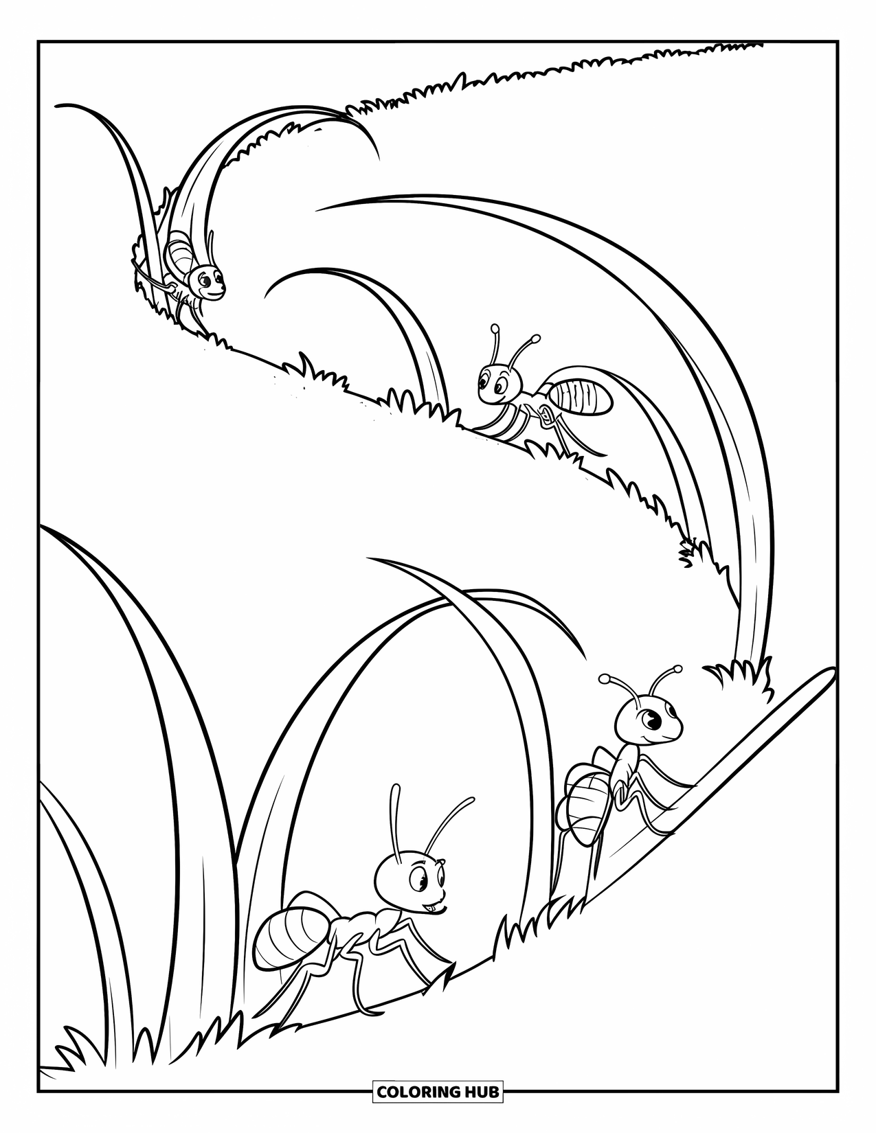 Ant Coloring Page for Kids: Tiny ants march through tall, wavy grass with little objects in tow