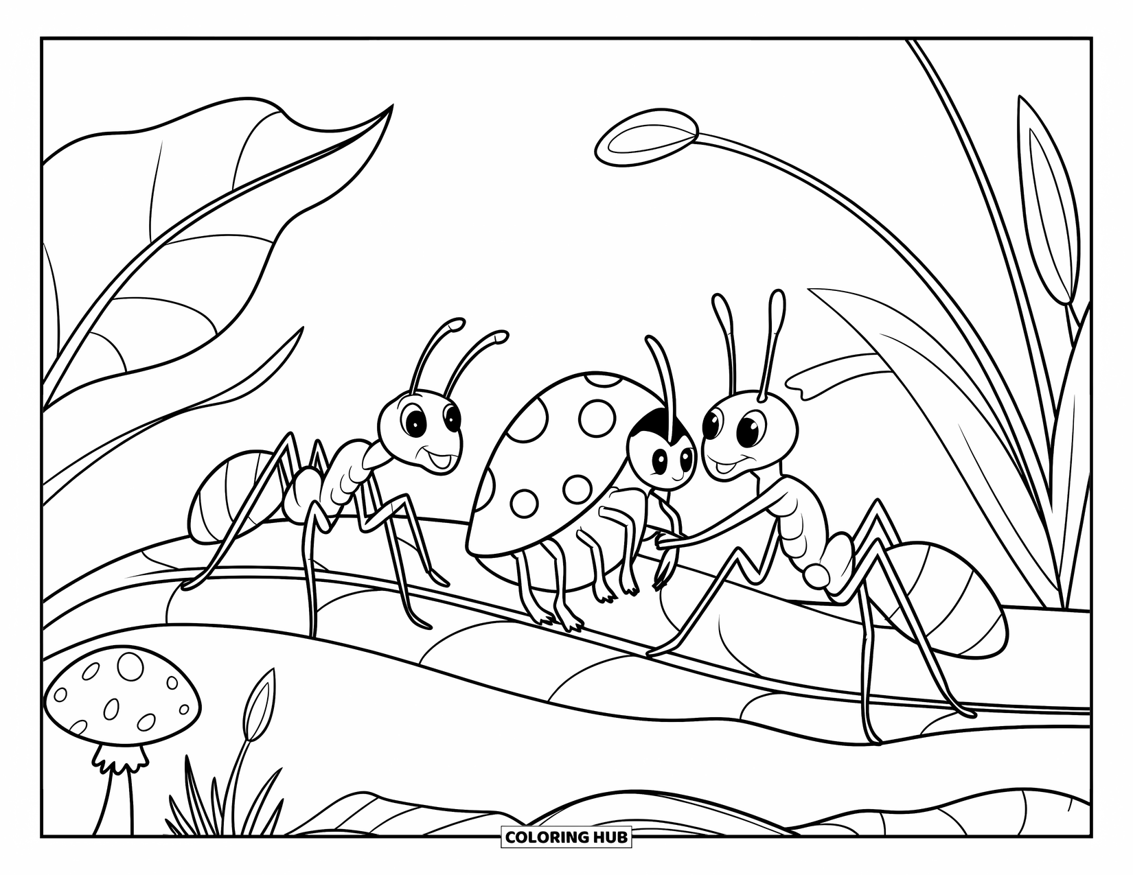 Ant Coloring Page for Kids: Two ants help a ladybug on a leaf in a grassy patch