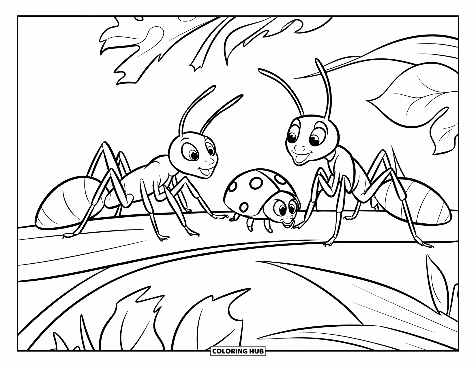 Ant Coloring Page for Kids: Two ants meet a ladybug while standing on a leaf