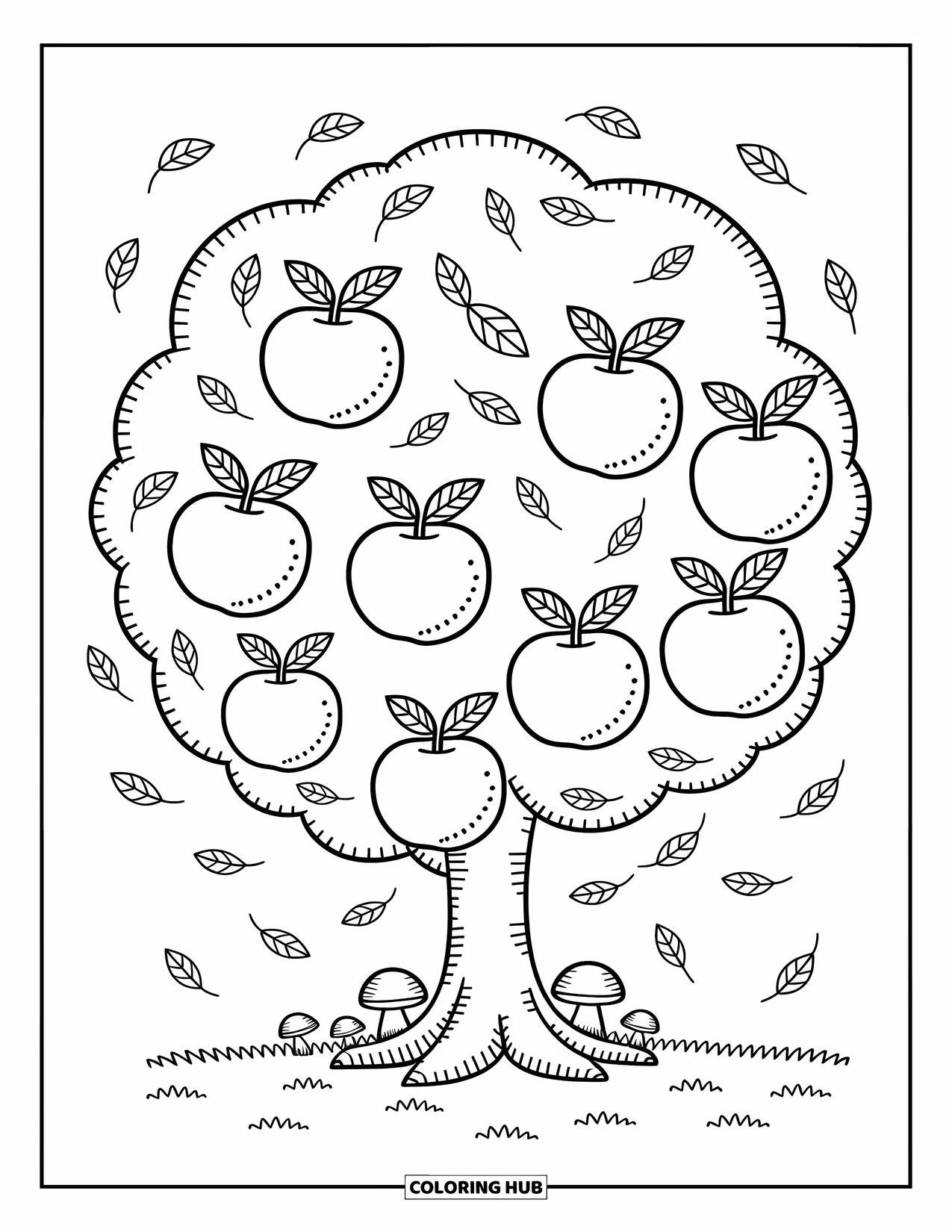 Apple Tree Coloring Page for Adults: A plump apple tree drops leaves near mushrooms and tufts of grass