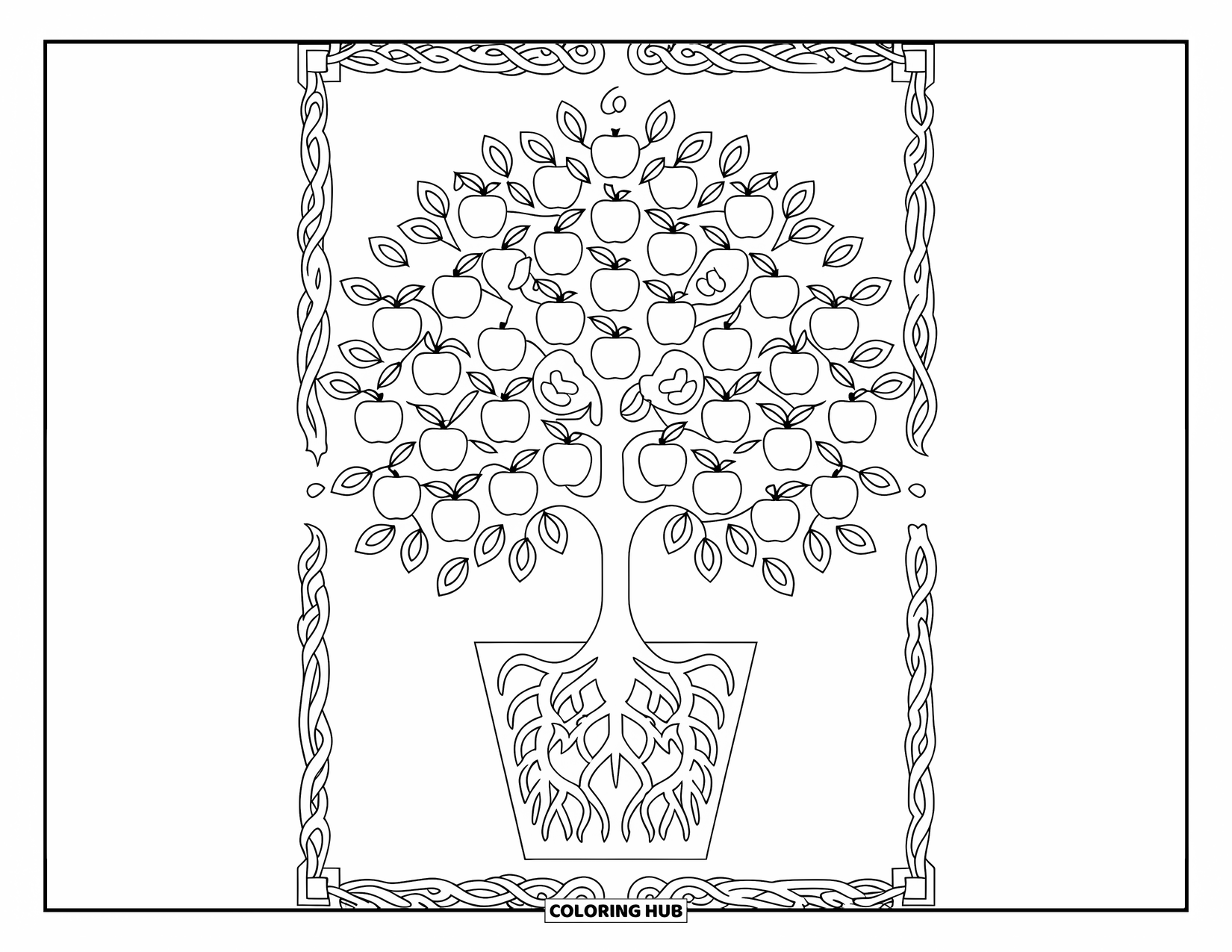 Apple Tree Coloring Page for Adults: A radial tree of life apple tree with curled roots inside a decorative pot