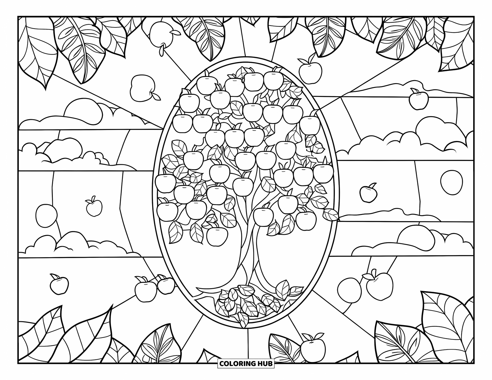 Apple Tree Coloring Page for Adults: A stained-glass style apple tree with leaves and apples floating in the sky