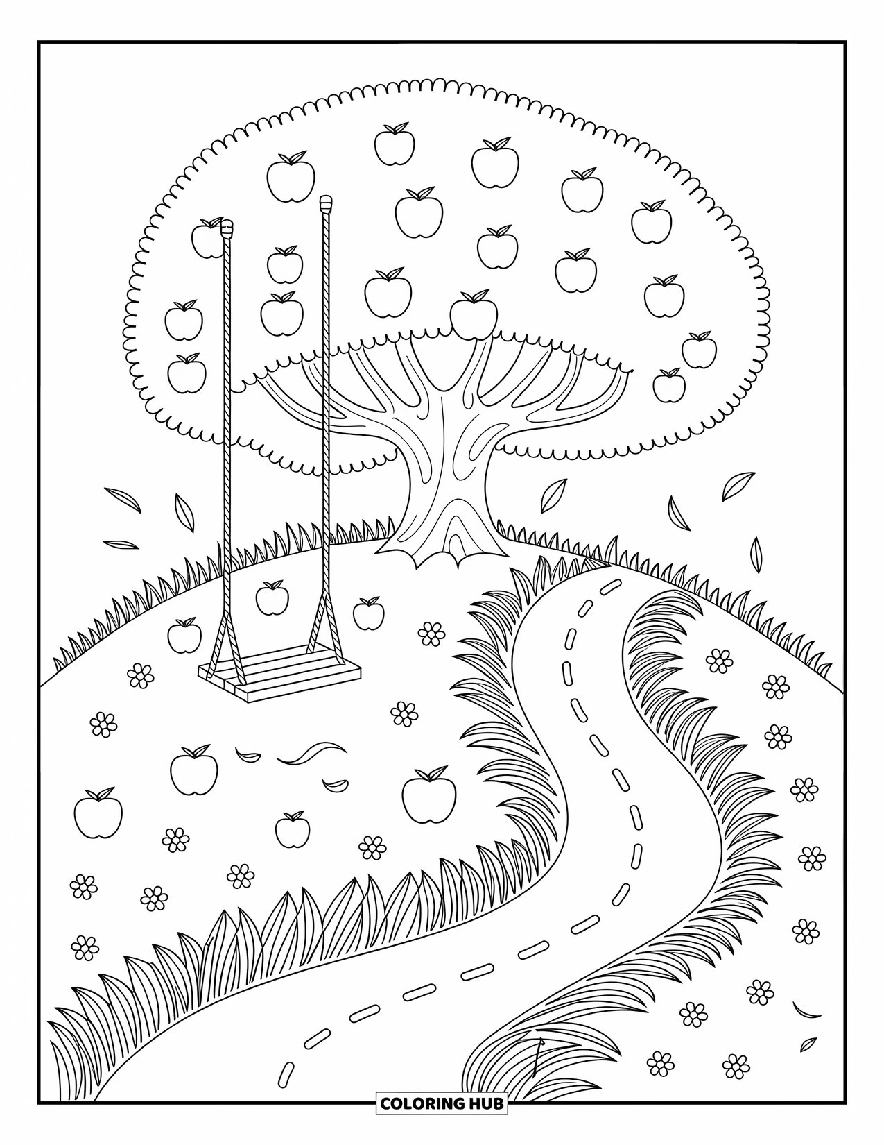 Apple Tree Coloring Page for Adults: A swing hangs from an apple tree above a flowered hill and winding path