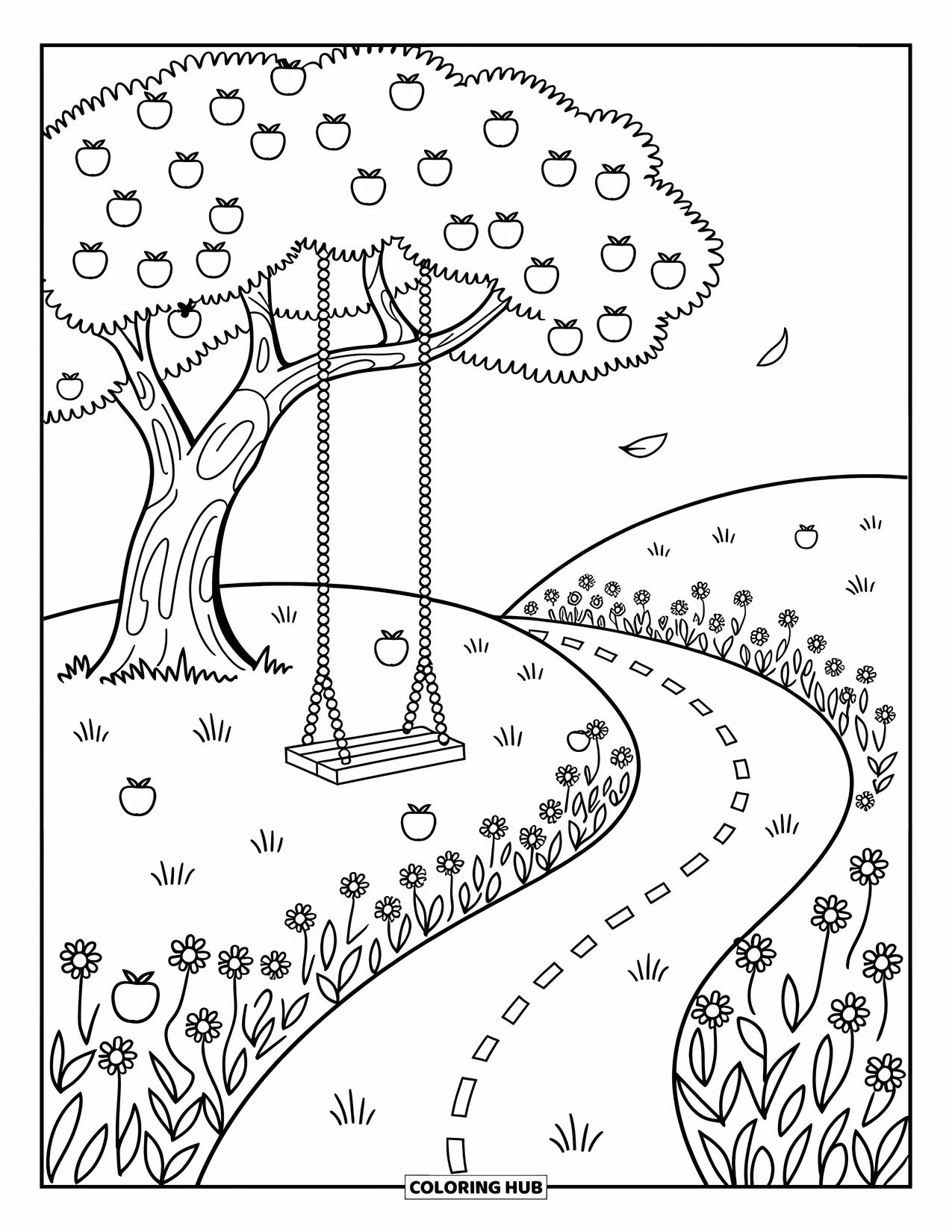 Apple Tree Coloring Page for Adults: A tree swing sways on a hill scattered with apples and dotted with flowers