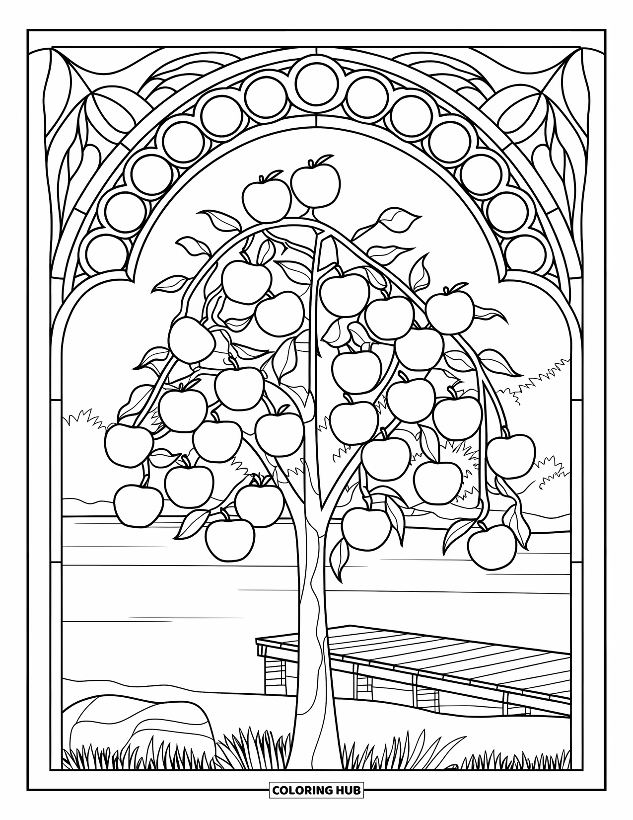 Apple Tree Coloring Page for Adults: A tree with apples in a floral stained-glass frame by a lake and dock