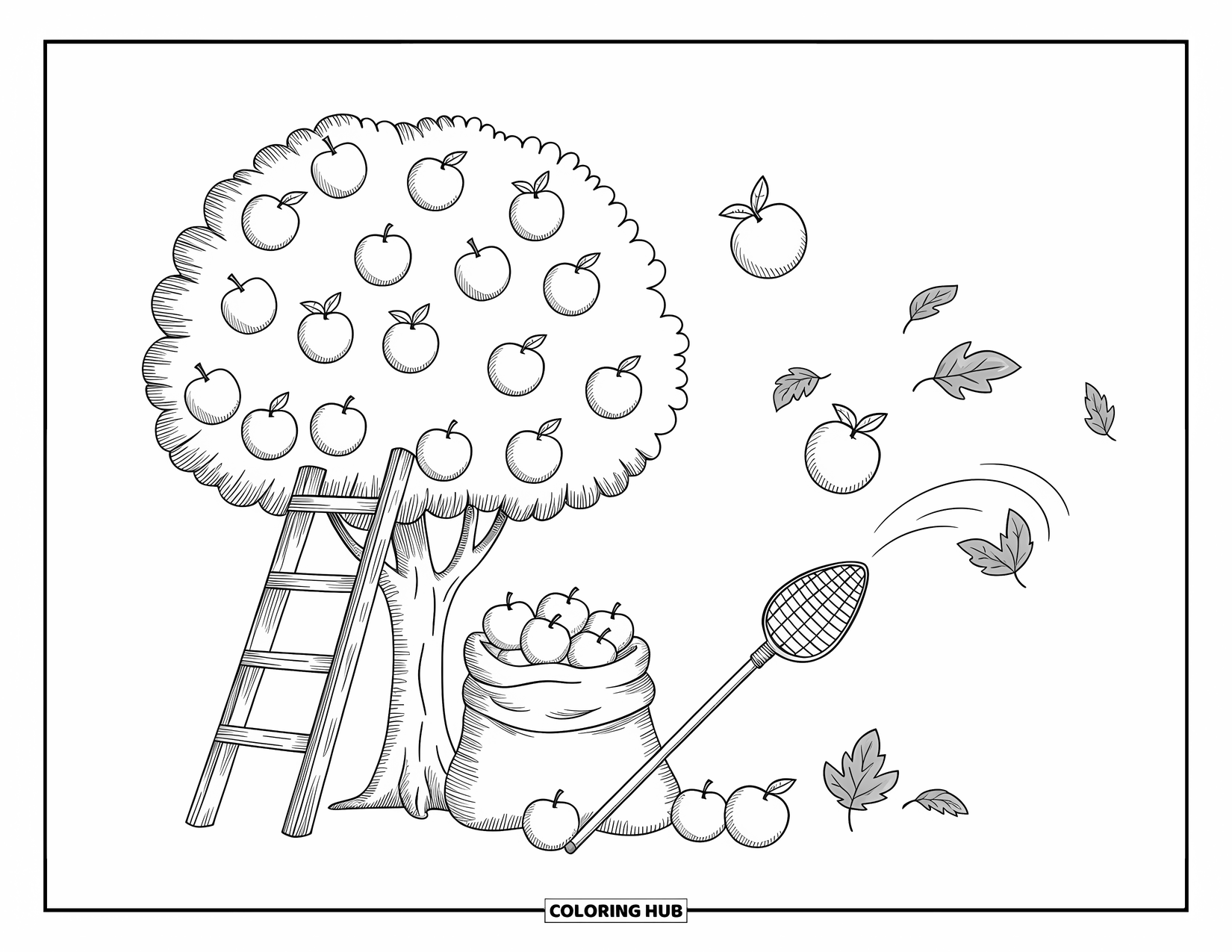 Apple Tree Coloring Page for Adults: An apple tree drops fruit as leaves swirl near a ladder and cloth bag