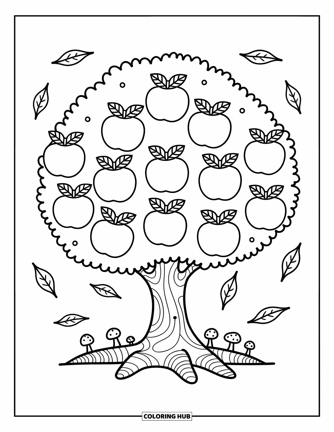 Apple Tree Coloring Page for Adults: An apple tree with curved leaves, mushrooms, and soft grass fills the cozy scene