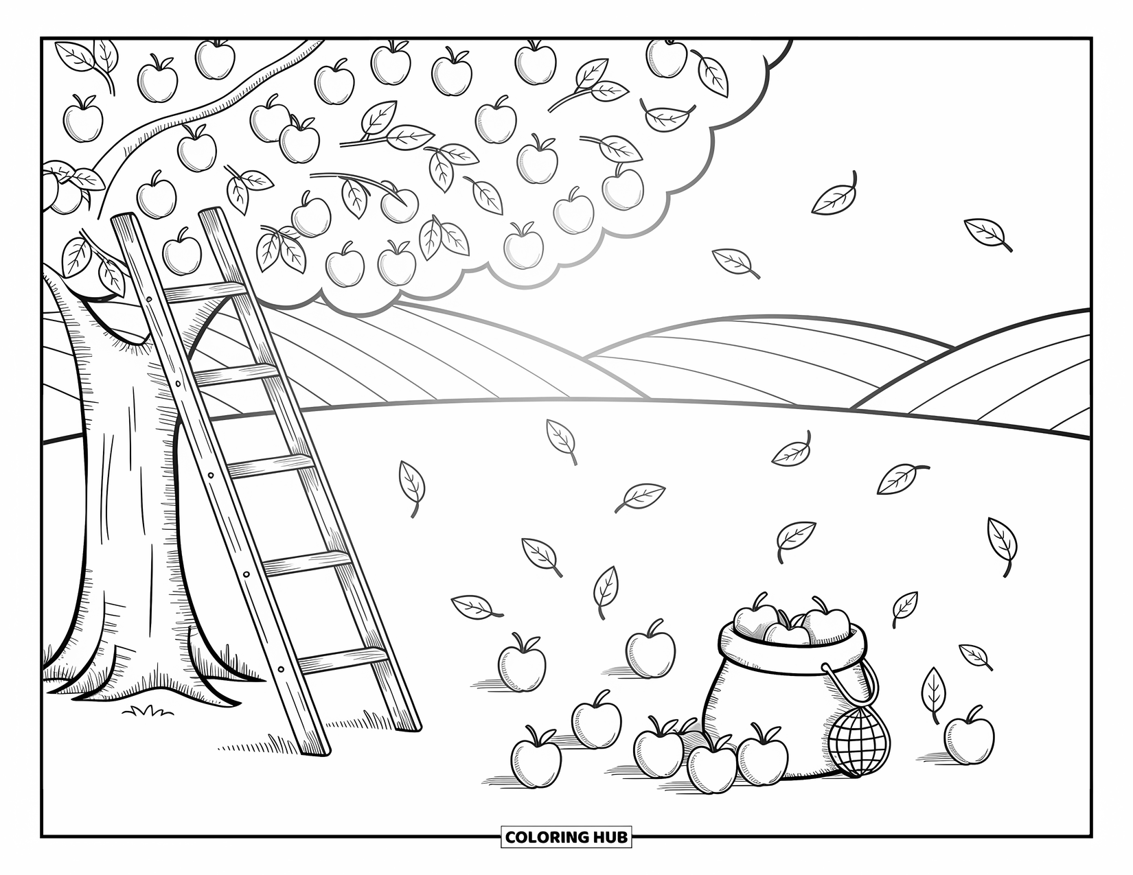 Apple Tree Coloring Page for Adults: An apple tree with falling apples, a picker tool, and a glowing hill backdrop