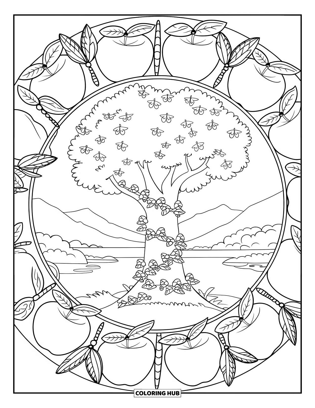 Apple Tree Coloring Page for Adults: An apple tree with ivy and dragonflies surrounded by a mandala of apples