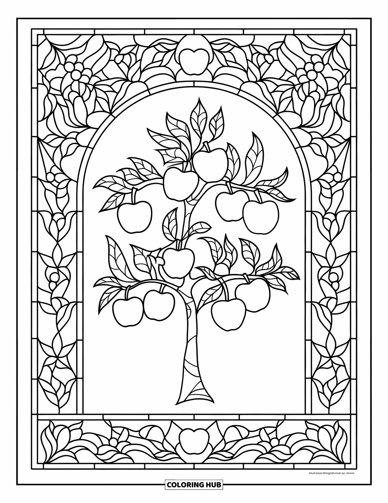 Apple Tree Coloring Page for Adults: An apple tree with varied apples inside a leafy stained-glass frame
