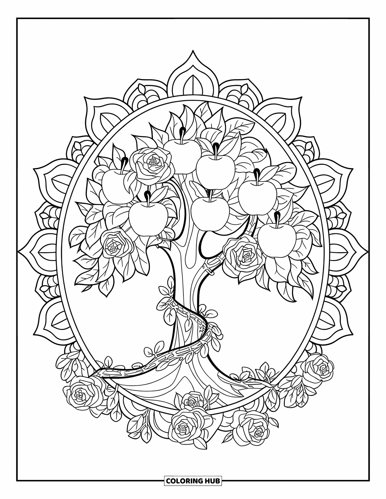 Apple Tree Coloring Page for Adults: An elegant tree wrapped in vines and roses inside a mandala frame