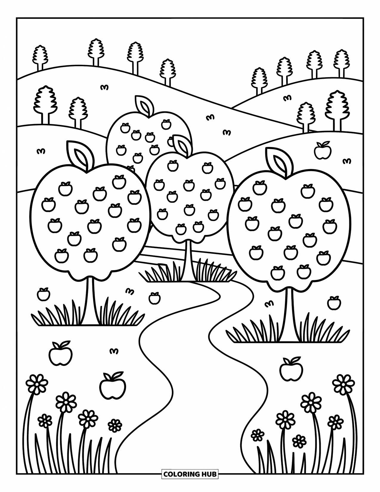 Apple Tree Coloring Page for Adults: An orchard path winds through three apple trees on soft hills with tiny flowers