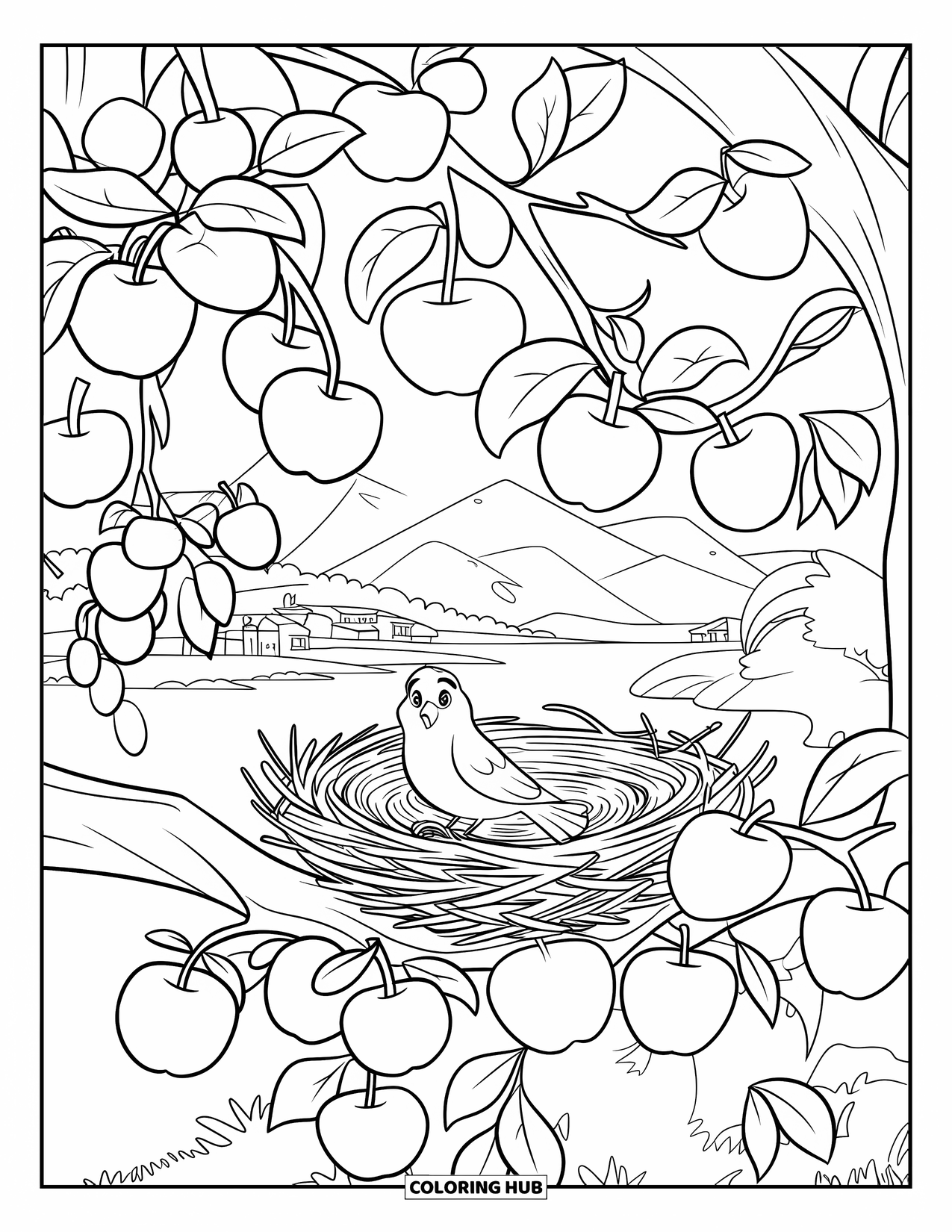Apple Tree Coloring Page for Kids: A bird sits on a nest in a fruit-filled tree near water and mountains