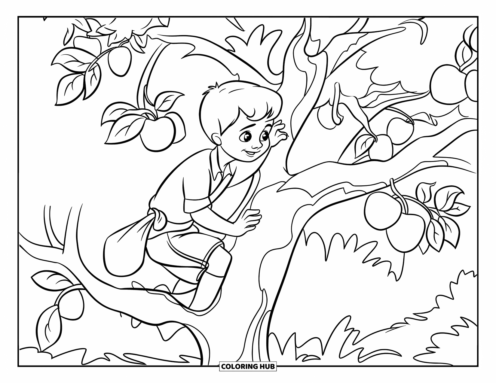 Apple Tree Coloring Page for Kids: A boy climbs an apple tree with a sack tied to his waist
