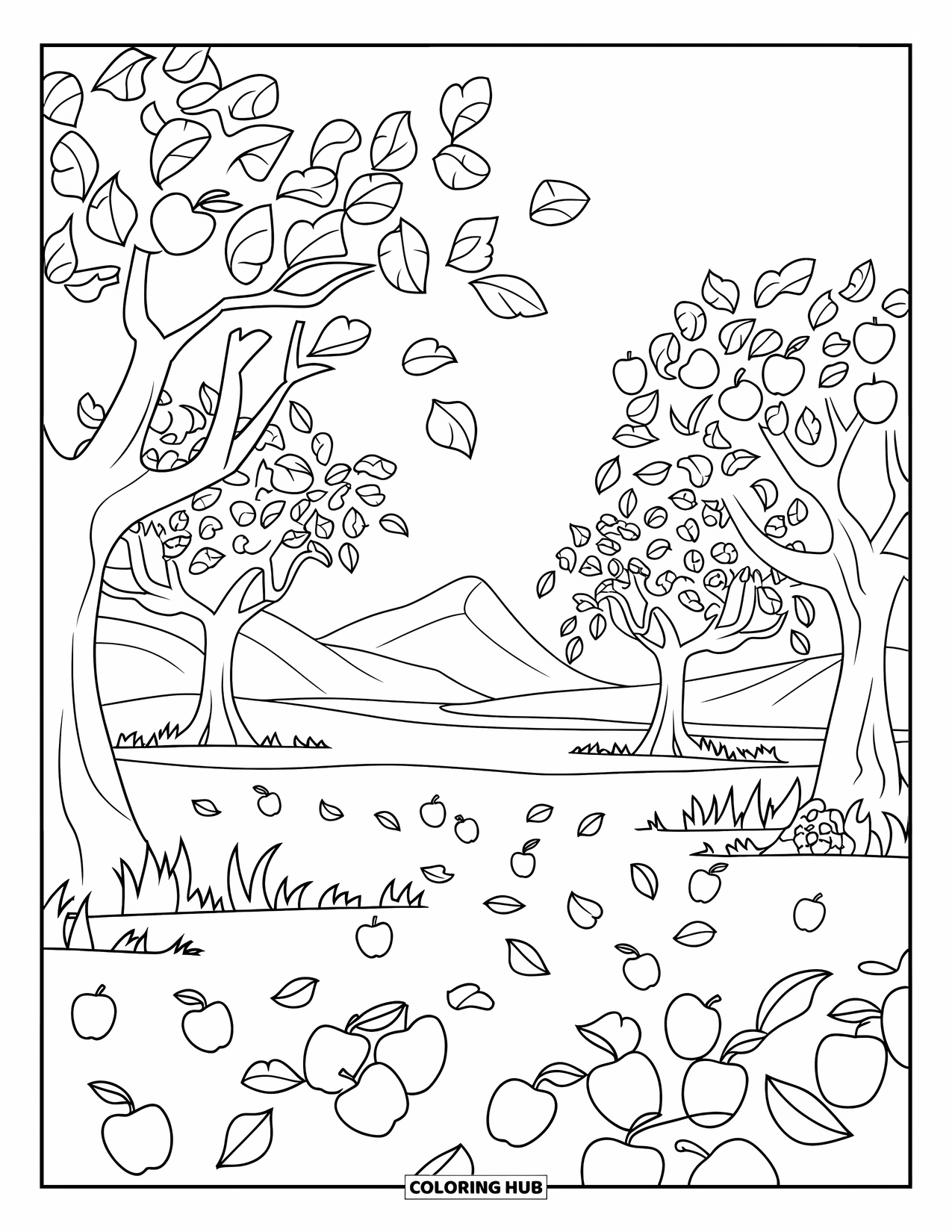 Apple Tree Coloring Page for Kids: A calm orchard with trees shedding apples and leaves near a mountain lake