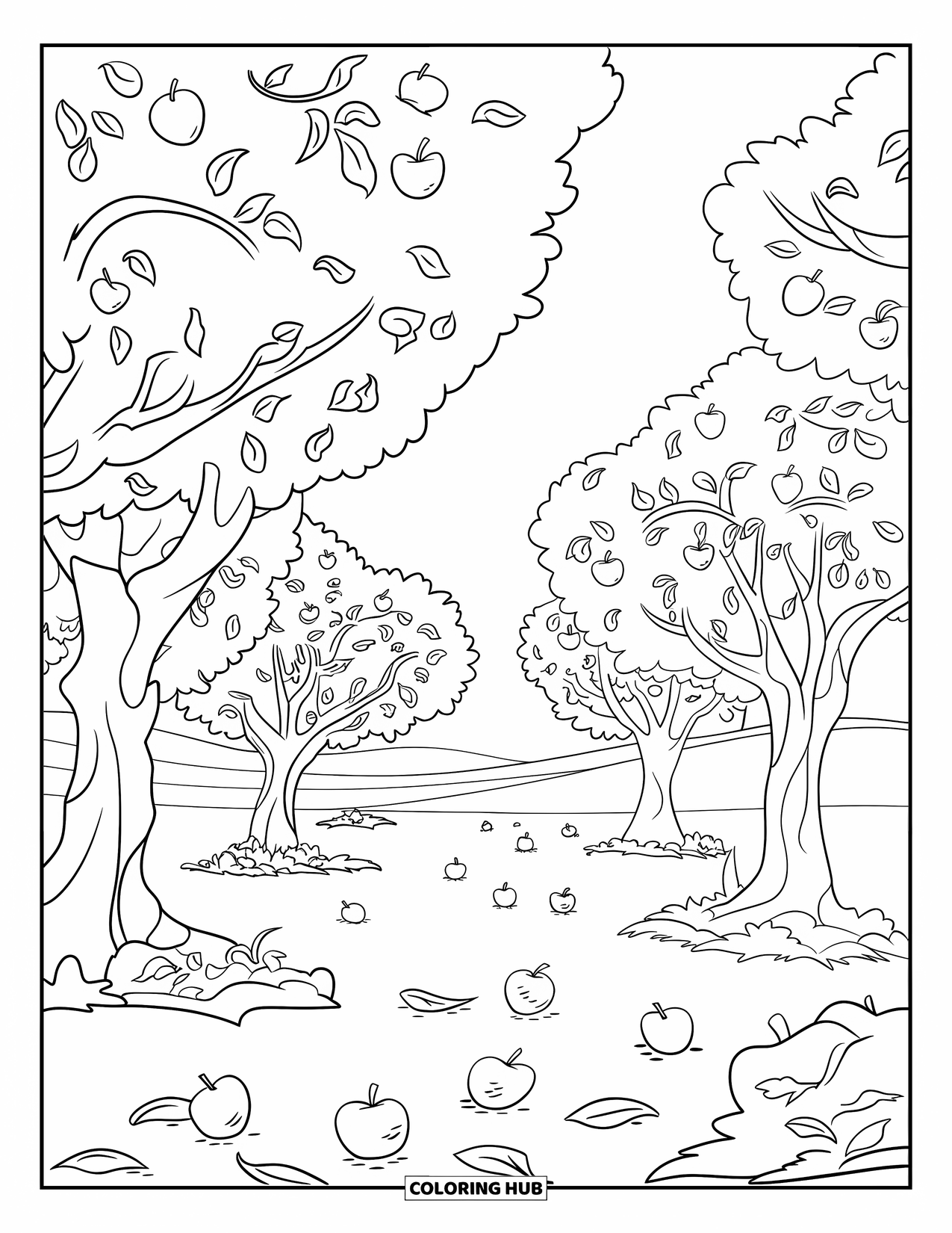 Apple Tree Coloring Page for Kids: A few apples hang in an orchard as leaves fall gently to the ground