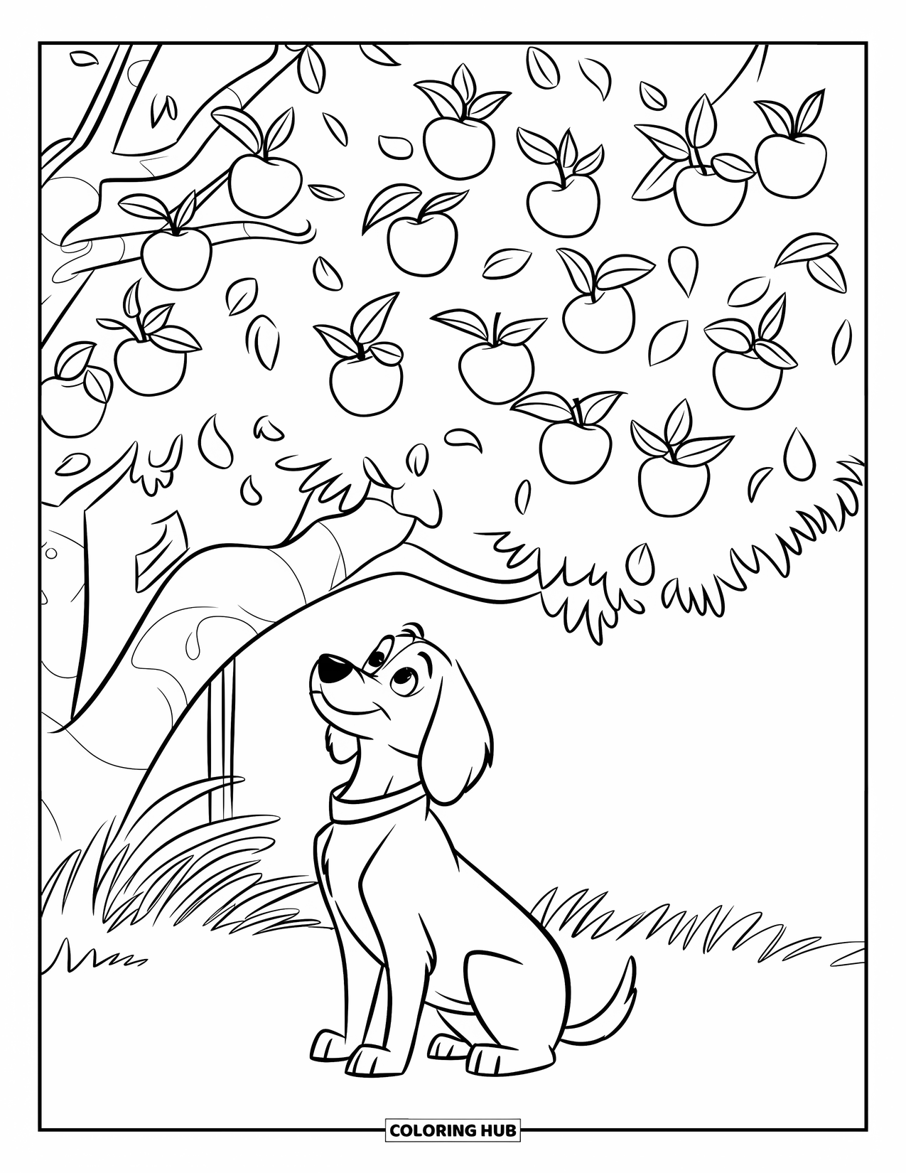 Apple Tree Coloring Page for Kids: A happy dog sits under a tree full of apples in a green field