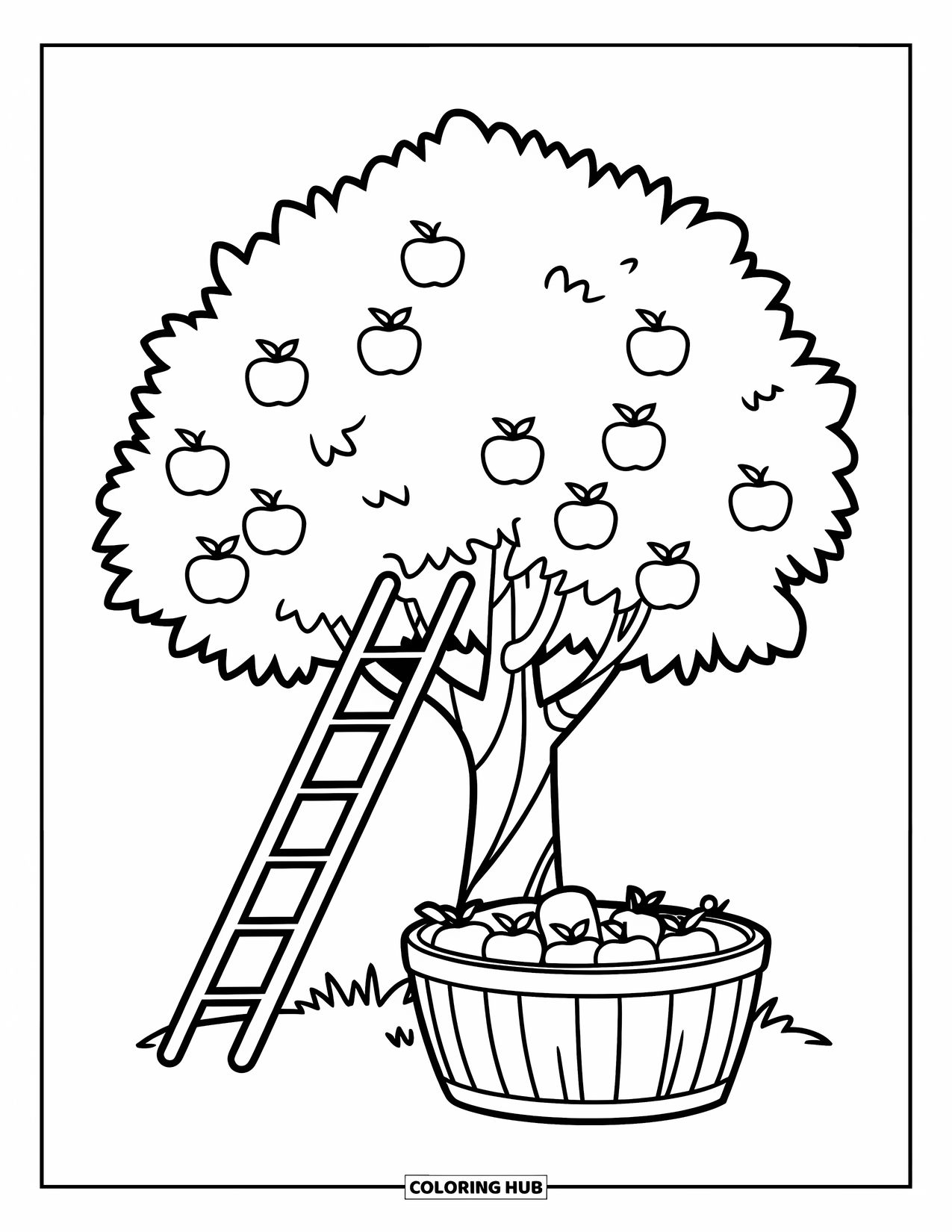 Apple Tree Coloring Page for Kids: A ladder leans on an apple tree with a basket full of apples below
