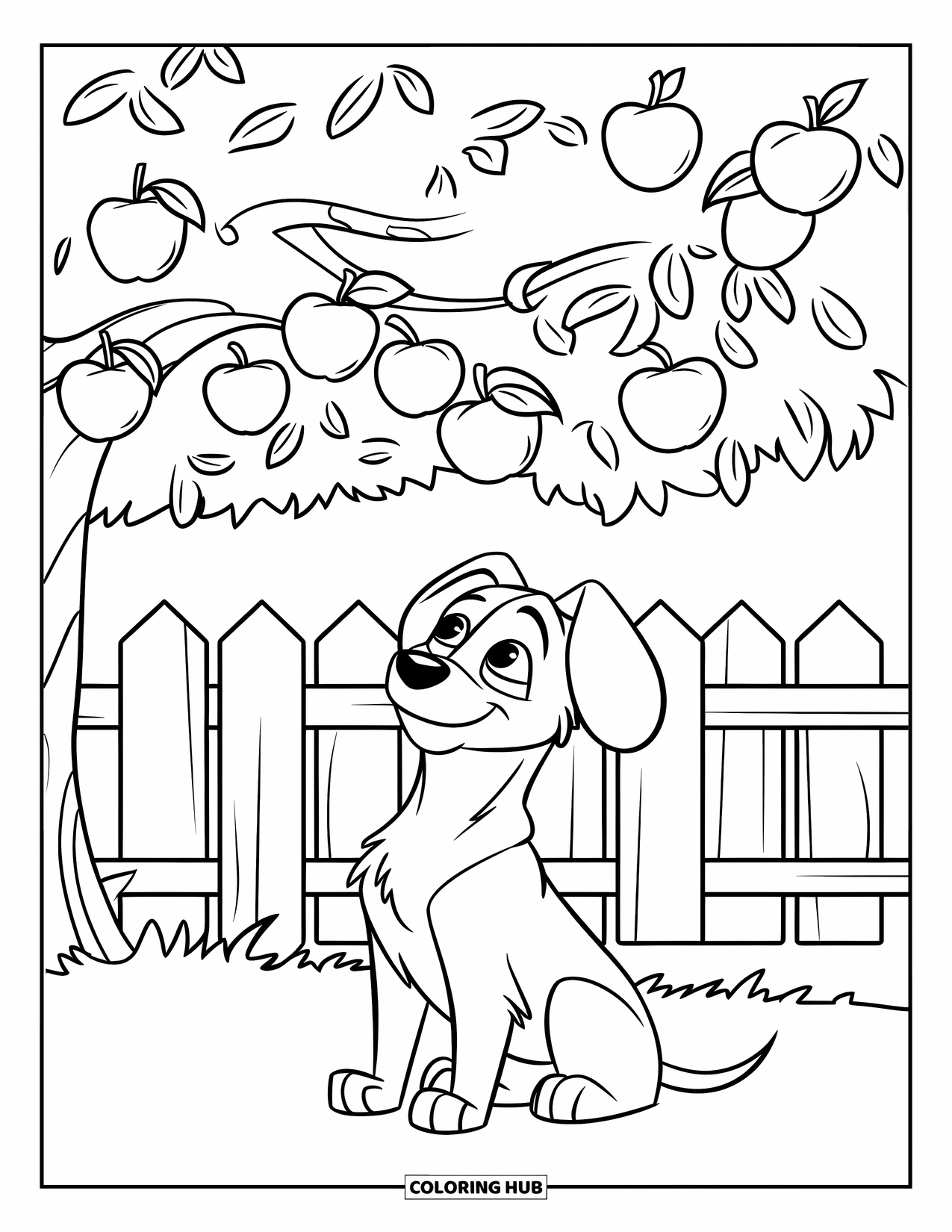 Apple Tree Coloring Page for Kids: A playful dog looks up at an apple tree near a wooden fence