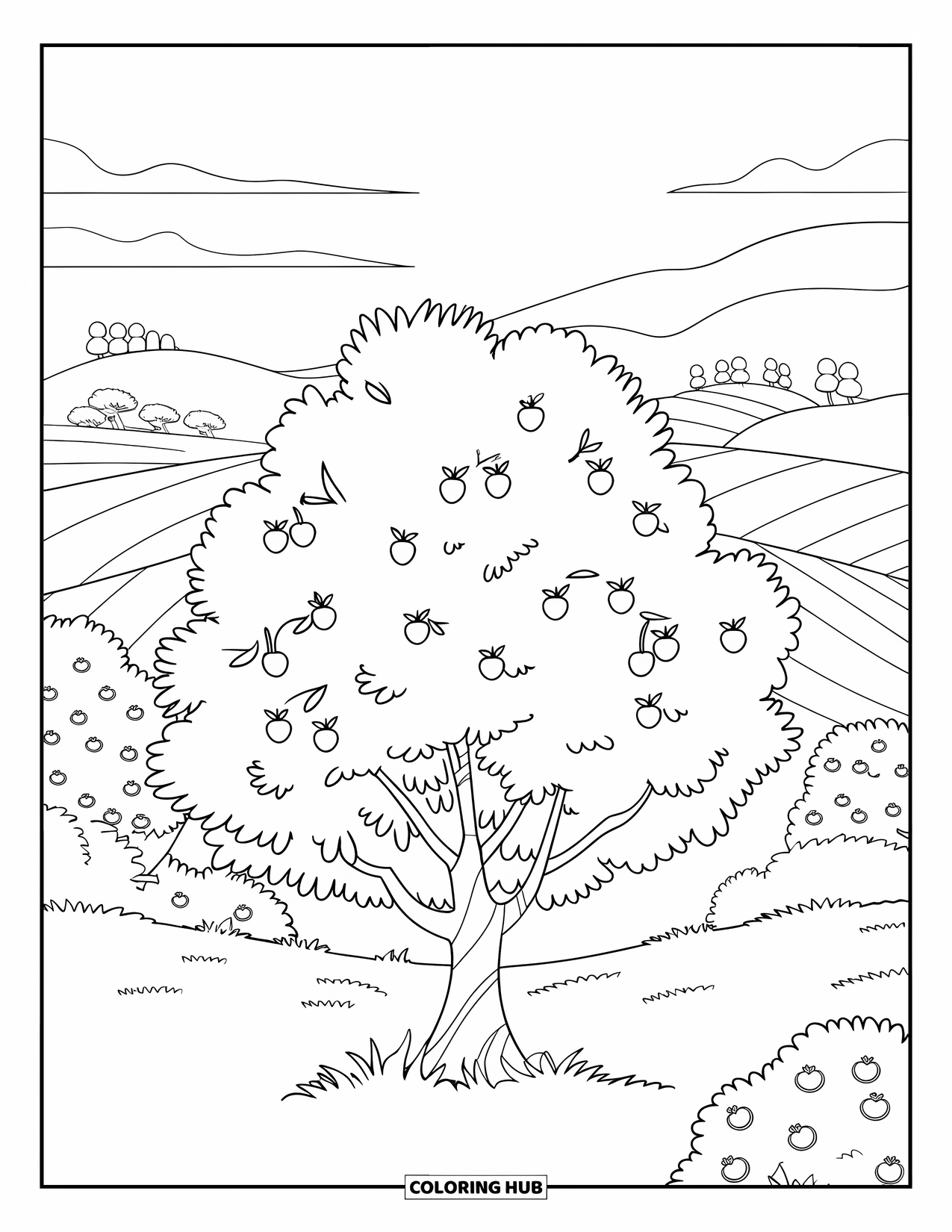 Apple Tree Coloring Page for Kids: A single apple tree stands on grass with hills and trees in the distance