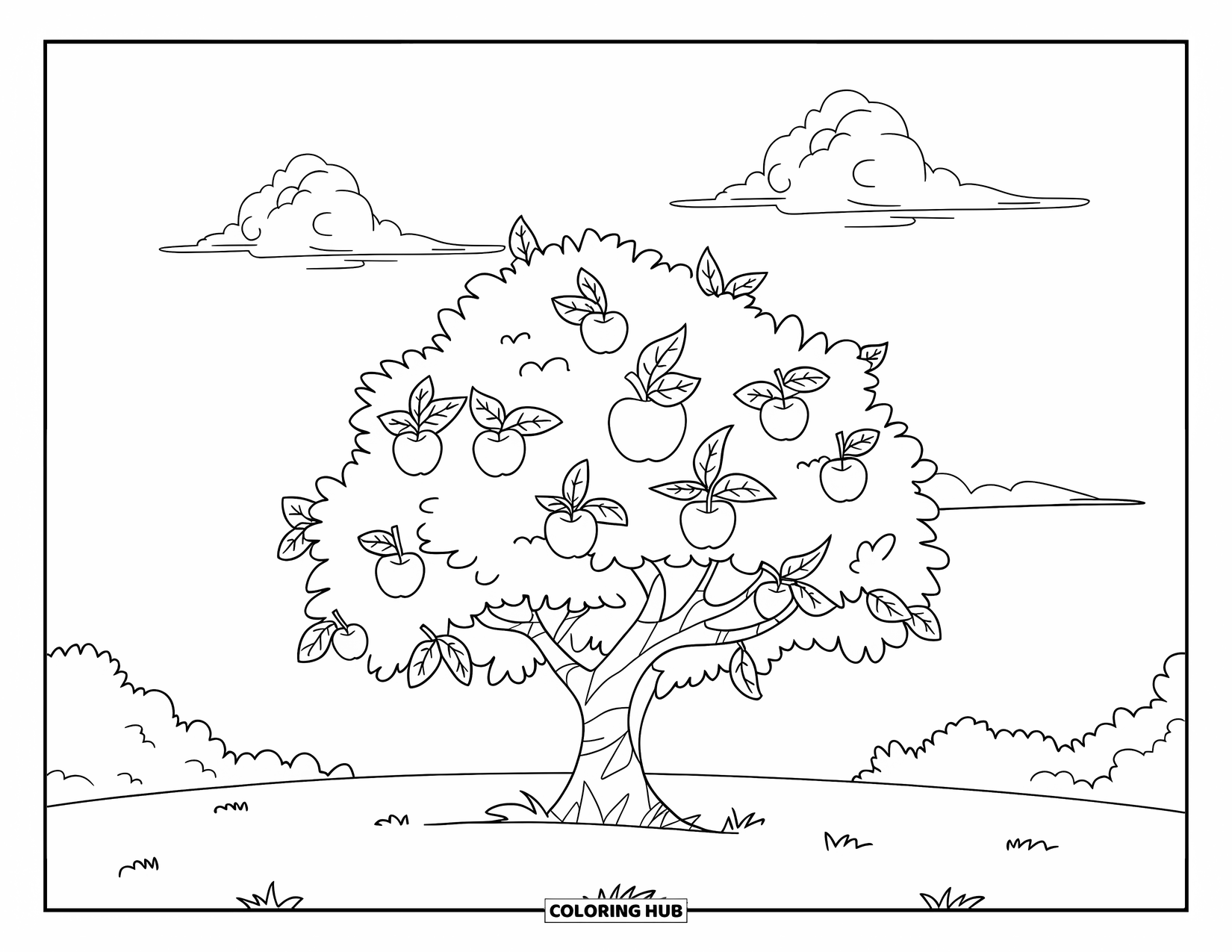 Apple Tree Coloring Page for Kids: A small apple tree stands tall in a grassy field beneath a soft sky